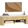 Image de HOMCOM Meuble TV 140 cm, Meuble télé pour téléviseur 32-65 Pouces Effet marbre avec 3 tiroirs façades à cannelures, 2 étagères Ouvertes et 2 Trous pour câbles, Banc TV Moderne, Effet Bois Naturel
