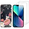Image de NOVAGO Compatible avec iPhone 13 -Pack Complet- Coque Résistante Transparente avec Motif + 2 Films Protection écran Verre trempé (Coque + Films, Grosse Fleur)