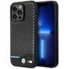 Image de CG Mobile BMW Coque de téléphone pour iPhone 14 Pro en Noir avec Fond Horizontal Ligne Bleue, Coque de Protection et Durable en Fibre de Carbone PU avec Facile à Clipser, Absorption des Chocs et Logo