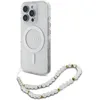Image de Guess CG Coque pour iPhone 16 Pro, Durable, résistante aux Chocs, Compatible avec MagSafe, IML Glitter avec Bracelet nacré Transparent