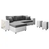 Image de LOUNGITUDE - Canapé d'angle Convertible avec Coffre, 2 poufs et étagère en Simili et Microfibre - Blanc/Gris - 3 + 2 Places