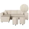 Image de LOUNGITUDE Canapé d'angle Mady Convertible avec Coffre, 2 poufs et étagère en Velours côtelé - Beige