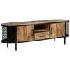 Image de Meuble TV 160 cm 2 Portes 1 tiroir 1 Niche en Bois de manguier Massif et métal Noir ajouré Plateau abattant   Style Industriel   MANHO