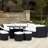 Image de CONCEPT USINE | Salon de Jardin Encastrable Résine Tressée 10 Personnes | FIDJI Noir coussin blanc | Table Plateau Verre + 4 Poufs + Grand Canapé Assise Inclinable Bain de Soleil | Coffre de Rangement
