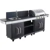 Image de Cuisine extérieure modulable FIDGI 4 avec housse - Barbecue au gaz 4 brûleurs avec thermomètre, meuble d'appoint, desserte et évier