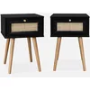 Image de sweeek - Lot de 2 Tables de Chevet décor Bois Noir et cannage avec 1 tiroir