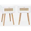 Image de sweeek - Lot de 2 Tables de Chevet décor Bois Blanc et cannage avec 1 tiroir
