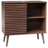 Image de sweeek - Buffet scandinave décor Bois Noyer. Buffet Haut. vaisselier. avec 1 Porte coulissante rainurée et 2 étagères 80cm
