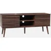 Image de sweeek - Meuble TV scandinave avec 2 Portes décor Bois Noyer rainuré et 1 Niche Centrale avec étagère L120cm