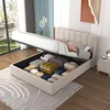 Image de CONCEPT USINE | Lit Coffre Arlington 140x190 cm avec Tête de Lit à Lignes Verticales | Velours Beige Élégant | Grand Coffre de Rangement Intégré | Sommier Inclus | Design Structuré et Contemporain
