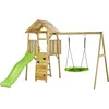 Image de Kangui Aire de Jeux portique en Bois WOODI - Double balançoire et nid Ø100cm, Toboggan, Mur d'escalade, cabane, échelle