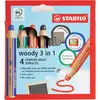 Image de Crayon multi-surfaces lisses - STABILO woody 3in1 - Etui carton x 4 crayons + 1 taille crayon + 1 chiffonnette