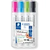 Image de Staedtler Lumocolor 351, Marqueurs pour tableau blanc effaçables à sec, Sans xylène ni toluène et quasi-inodore, Pointe ogive de 2 mm, Étui chevalet avec 4 couleurs assorties, 351 WP4-1