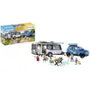 Image de Playmobil 71423 Famille avec Voiture et Caravane - Family Fun - Camping en Nature en Famille - Comprend Quatre Personnages, Une Voiture décapotable avec Coffre Amovible et Une Caravane - Dès 4 Ans