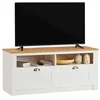 Image de IDIMEX Meuble TV Bolton 2 tiroirs et 2 niches de Rangement, Meuble télé Design Campagne en pin Massif Blanc et Brun, dim 110x50x40 cm