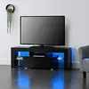 Image de [en.casa] Meuble TV avec Éclairage LED Multicolore Banc Support Design avec Étagères de Verre et Tiroir Panneaux de Particules Mélaminés 130 x 35 x 45 cm Noir