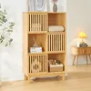 Image de [en.casa] Bibliothèque Style Scandinave avec 3 Portes Coulissantes 6 Compartiments de Rangement Étagère Autoportante pour Salon Chambre Bambou 126 x 76 x 33 cm Naturel