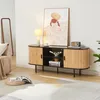Image de [en.casa] Meuble TV Design Scandinave Banc Télévision Table Télé Moderne avec 2 Coulissantes Compartiments de Rangement Passe-Câbles MDF Bambou Métal 140 x 40 x 55 cm Naturel Noir