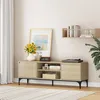 Image de [en.casa] Meuble TV Support Télé avec 2 Compartiments de Rangement Ouverts et 2 Portes Passages de Câbles Intégrés Stable Élégant Salon Chambre Moderne Métal MDF 140 x 40 x 50 cm Effet Chêne Clair