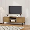 Image de [en.casa] Meuble TV Support Télé avec 2 Compartiments de Rangement Ouverts et 2 Portes Passages de Câbles Intégrés Stable Élégant Salon Chambre Moderne Métal MDF 140 x 40 x 50 cm Effet Chêne Foncé