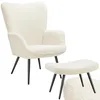 Image de tectake® Fauteuil Salon Confortable & Tabouret en Tissu bouclé Fauteuil Scandinave Moelleux avec Accoudoirs Chaise Ergonomique pour Salle à Manger, Chambre, Siege Bureau, Allaitement - Crème/Noir