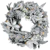Image de Couronne de sapin LED avec neige et fleurs éclairées en blanc chaud - 51 cm avec 35 LED - Couronne de Noël à piles avec minuterie - Couronne de table - Couronne de porte décorative pour Noël, l'Avent