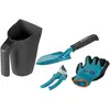 Image de Kit outils de jardinage sur balcon de Gardena : kit jardinage 4 pièces pour l’entretien du jardin, transplantoir robuste, réservoir en plastique, paire de gants de jardinage 8/M (8966-30)