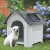 Image de [en.casa] Niche pour Chien Animal de Compagnie Résistant aux Intempéries avec Base Surélevée Abri Extérieur avec Fentes d'Aération Plastique 87 x 72 x 75 cm Blanc Gris
