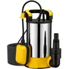 Image de Wiltec Pompe à eau immergée à aspiration plate 400 W   Jusqu’à 1 mm   8000 l/h   Acier inox   Refoulement max. 5 m, profondeur max. 7 m   Interrupteur à flotteur   Pompe submersible Eau propre