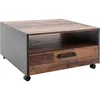 Image de Table basse carré à roulette - Panneaux de particules - Décor bois vieilli et gris - Double plateau -1 Tiroir - L70 x P70 x H40 cm