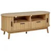 Image de Meuble TV avec 2 Portes Coulissantes 2 Tiroirs 2 Étagères MDF Pieds en Bois Massif Bois Clair Selah