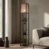 Image de Lindby Lampe sur pied Birta, noir/naturel, étagère, rotin