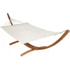 Image de tectake® Hamac sur Pied XXL Hamac 2 Places Coton avec Support en Bois 415x150x124cm, Supporte jusqu'à 200 kg, Couchage 205x150cm, Ajustable en Hauteur pour Terrasse Exterieur Piscine