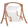 Image de Balancelle de Jardin en Bois Foncé avec Coussin Blanc et Par-soleil Assise Confortable et Élégante pour Terrasse au Style Provençal Beliani