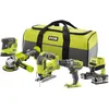Image de RYOBI - Combo 4 outils : Perceuse + scie sauteuse pendulaire + meuleuse d'angle 115 mm + ponceuse + 1 batterie 2,0 Ah + 1 batterie 5,0 Ah + 1 chargeur rapide - Livré en sac de transport - R18CK4B-252S