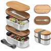Image de BLACK + BLUM - Bento Box Empilable - Boîtes Lunch Box en Acier Inoxydable avec Couvercle en Bambou - Hermétiques - Fourchette Comprise - 2 x 500 ml - Gris/Amande