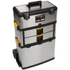 Image de Perel Servante d’atelier 3-en-1, trolley en acier inoxydable, avec poignée télescopique, grandes roues et 3 compartiments amovibles, pour professionnels et bricoleurs, 570 x 354 x 830 mm
