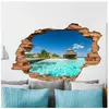 Image de Stickers adhésifs Effet 3D | Sticker Autocollant Bungalows sur île tropicale - Décoration murale trompe l'oeil Chambre et Salon - 60 x 90 cm