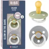 Image de Tétine BIBS Colour Glow. Lot de 2 sucettes. Brillent dans le noir. Sans bisphénol A, Téterelle ronde. Latex de caoutchouc naturel. 6+ Mois (Lot de 2), Sage NIGHT/Cloud NIGHT