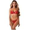 Image de Obsessive Ensemble de lingerie rouge en dentelle et filet, soutien-gorge avec armatures et string avec bijoux sans nickel, rouge, S/M