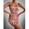 Image de KOWPOKE Dresses for Women - Floral Print Tie Shoulder Ruched Ruffle Hem Cami Bodycon Dress (Size : X-Large)
