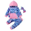 Image de iFCOW - Ensemble de vêtements de teinture pour fille, 3 pièces, chemise à capuche + pantalon + bandeau, rose + bleu, 80 cm