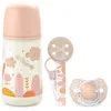 Image de Suavinex, Coffret Cadeau Nouveau-Né SX Pro, pour Bébés 0-6 Mois. Contient un Biberon Débit Moyen (M) 270 ml + Sucette SX Pro en Silicone 0/6 Mois + Attache - Sucette avec Ruban. Coffret Biberon Rose