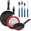 Image de PACK DE 3 POÊLES À FRIRE SAN IGNACIO Ø16CM Ø20CM Ø24CM + SET DE 24 COUVERTS EN ACIER INOXYDABLE AVEC MANCHES BLEUS