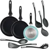 Image de Well Home Ensemble de 3 poêles Ø16Ø20Ø24cm en aluminium embouti bleu mat + 6 ustensiles de cuisine en PBT couleur noire