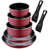 Image de Set de 2 poêles Ø22Ø26cm avec manche amovible + 3 casseroles Ø16Ø18Ø20cm avec manche amovible - en aluminium pressé couleur rouge Click&Cook Bergner