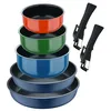 Image de Set de 2 poêles Ø22Ø2Ø26cm fonte bleue + 3 casseroles Ø16Ø18Ø20cm Aluminium pressé en 3 couleurs + 2 poignées amovibles Click&Cook Bergner