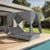 Image de vidaXL Chaise longue d'extérieur avec rideaux Résine tressée Gris