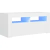 Image de vidaXL Meuble TV avec éclairage LED, Blanc, 90x35x40 cm, Panneaux de Bois, Support TV Jusqu’à 40", Buffet Bas avec étagères, Console Moderne pour Salon