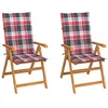 Image de vidaXL Lot de 2 Chaises de Jardin avec Coussins à Carreaux Rouges, Sièges de Terrasse, Chaises de Salle à Manger, Meubles de Patio Extérieur, Teck